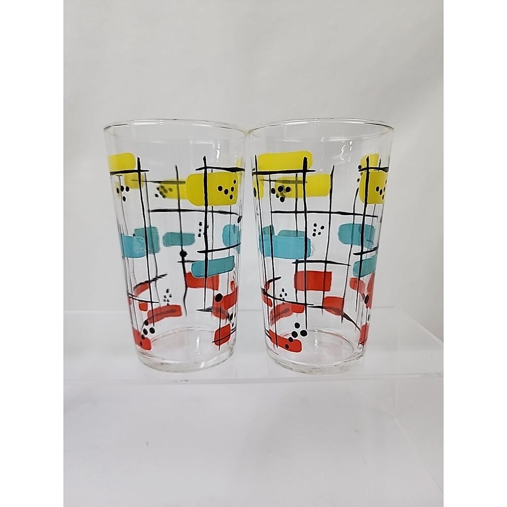 2 Federal Clear Drinking Glasses Red Teal Yellow Black 12oz Barware Tumblers MCM - Picture 2 of 4